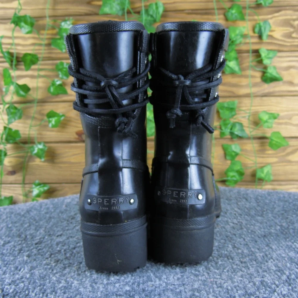 Sperry Women's Black Rubber Rain Ankle Boots Lace-Up Back‎ Detail Size 5
